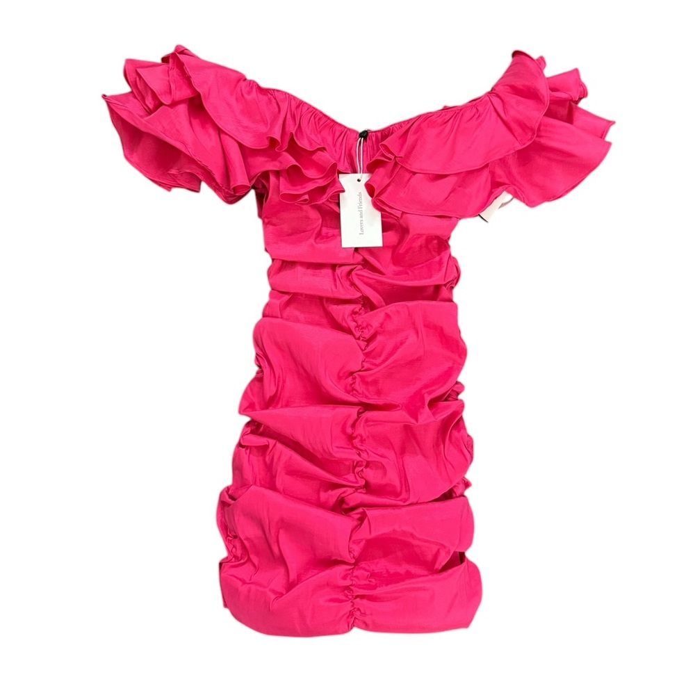 NWT Lovers + Friends Nikolina Ruffles Off-Shoulder Ruched Dress in Magenta Sz S - Picture 6 of 15